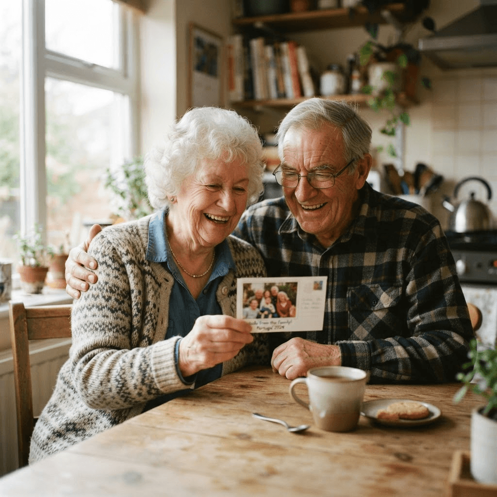 Grandparents smiling as they read their monthly FamilyLetter postcard